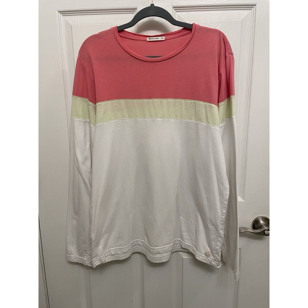 Marine Layer Mens M/L Jacob Long Sleeve Crew Tee Shirt White Lime Peach